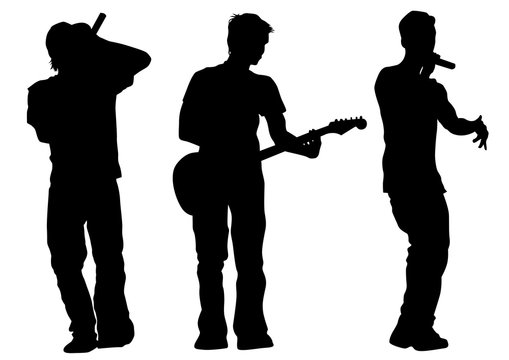 Hip-hop artists with microphones on stage on white background