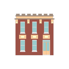 Cartoon classic flat colorful building facade on white background. Architecture icon highly detailed city front view abstract house. Skyscraper construction. Vector illustration