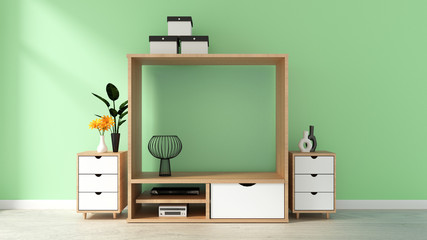 Cabinet Mockup on green wall in japanese living room. 3d rendering