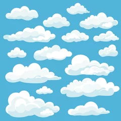 Fotobehang Cartoon white clouds icon set isolated on blue background. Cloudscape in flat style. Blue sky cloud weather symbol. Vector illustration cloudy panorama © whilerests