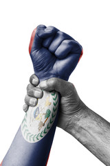 Fist painted in colors of Belize flag, fist flag, country of Belize