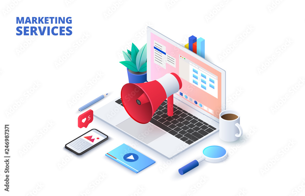 Poster marketing design concept with laptop, loudspeaker and other elements. isometric vector illustration.
