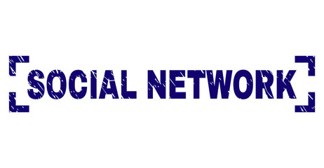 SOCIAL NETWORK label seal print with distress texture. Text title is placed between corners. Blue vector rubber print of SOCIAL NETWORK with corroded texture.
