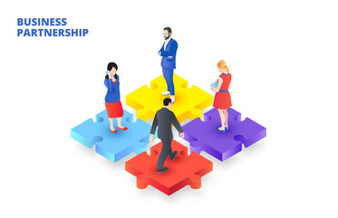 Vector isometric puzzle with people. Business partnership concept