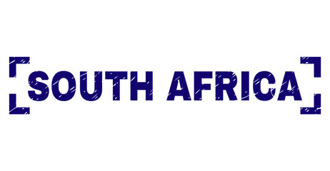 SOUTH AFRICA label seal print with distress texture. Text label is placed inside corners. Blue vector rubber print of SOUTH AFRICA with corroded texture.