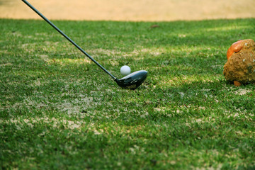 Blurred golf club and golf ball close up in grass field with sunset. Golf ball close up in golf coures at Thailand