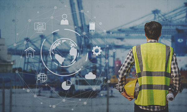 Foreman Working with Global business connection technology interface global partner connection of Container Cargo freight ship for Logistic Import Export background.