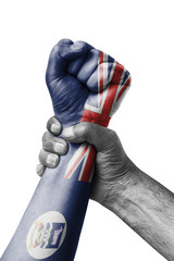 Fist painted in colors of falkland islands flag, fist flag, country of falkland islands
