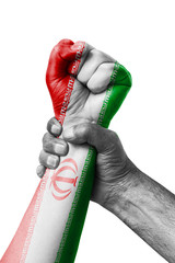 Fist painted in colors of Iran flag, fist flag, country of Iran