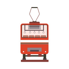 Red tram back view in flat style. Vector illustration
