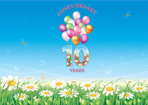 Birthday card 10 years with natural floral background and balloons