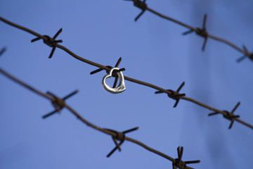  iron heart on a barbed wire. forbidden love and love in prison concept