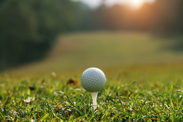 Golf ball on tee in the evening golf course with sunshine in thailand