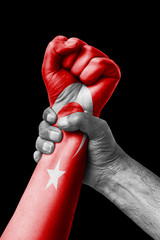 Fist painted in colors of Turkey flag, fist flag, country of Turkey