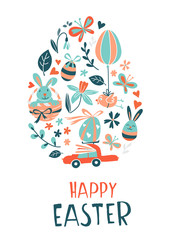 Obraz premium Funny Happy Easter eggs hunt greeting card cartoon style design.