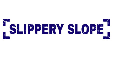SLIPPERY SLOPE tag seal print with distress effect. Text title is placed inside corners. Blue vector rubber print of SLIPPERY SLOPE with dust texture.