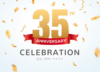 35 Anniversary gold numbers with golden confetti. Celebration 35th anniversary event party template