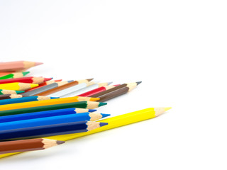 Multicolored pencils with free space for text on white background, Color pencils isolated