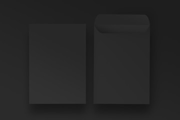 Black envelope C4 mock-up, blank design template, isolated on black background.