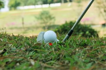 Golf club and golf ball close up in golf coures at Thailand