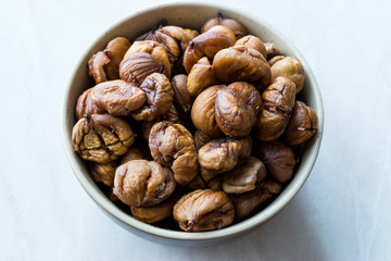 Peeled Roasted Raw Organic Chestnuts in Bowl.