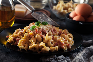 Fresh tortellini with homemade carbonara sauce