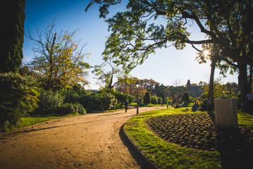 Obraz premium Barcelona, Spain - 24.11.2018: Beautiful day in Ciutadella Park, view of a path with people walking