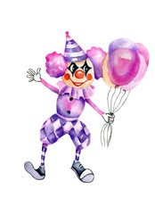 Watercolor funny circus clown with air balloons, watercolor design