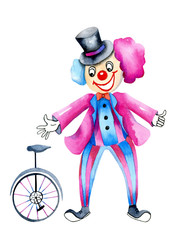 Watercolor circus clown and monocycle, watercolor design
