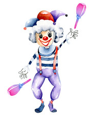 Watercolor funny juggling circus clown, watercolor design