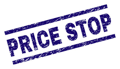 PRICE STOP seal print with grunge style. Blue vector rubber print of PRICE STOP text with unclean texture. Text label is placed between parallel lines.