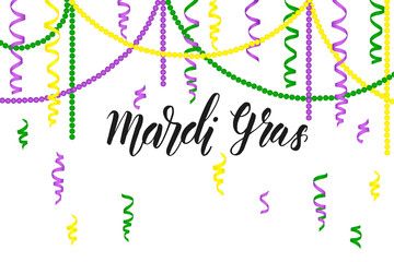 Mardi Gras greeting background with Bright Colorful serpentine, beads and hand made lettering isolated on white. Falling particles for Carnival, Mardi Gras, Holiday decoration.
