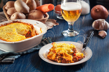 Portion of shepherd's pie or cottage pie on a plate