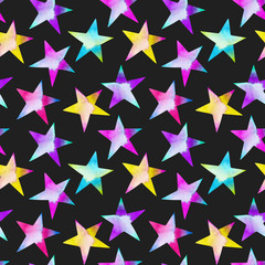 Watercolor colorful stars seamless pattern, hand painted on a dark background