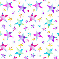 Watercolor colorful stars seamless pattern, hand painted on a white background
