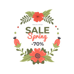 Hand-drawn banner for Spring Sale. Vector illustration with spring flowers, text and a discount. Great for a sell-out, website, flyer, postcard, print or banner.
