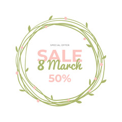 Lovely hand-drawn round banner for 8 March Sale. Vector illustration with spring flowers, text and a discount. Great for a sell-out, website, flyer, postcard, print or banner.