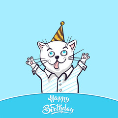 Kawaii, a cheerful cat in a shirt and a cap with paws up. Greeting card, drawing for your design. Hand drawn vector illustration. Cartoon style