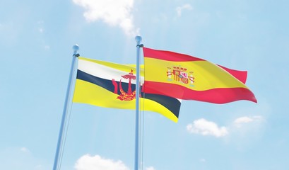 Spain and Brunei, two flags waving against blue sky. 3d image