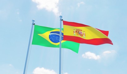 Spain and Brazil, two flags waving against blue sky. 3d image
