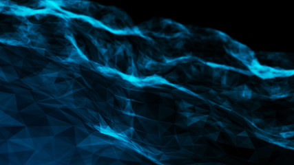 Visualization of electron particles in the world of atoms and molecules. Network nodes blue plexus background. Network connection concept. 3D rendering.