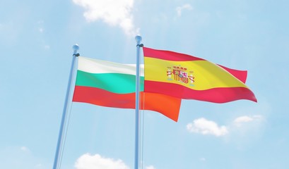 Spain and Bulgaria, two flags waving against blue sky. 3d image