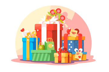 Big mountain of bright colorful wrapped gift boxes