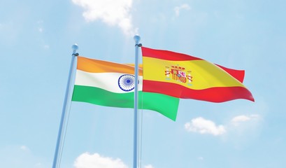 Spain and India, two flags waving against blue sky. 3d image