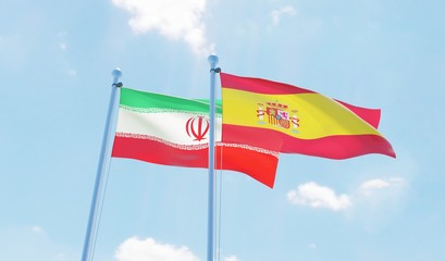 Spain and Iran, two flags waving against blue sky. 3d image