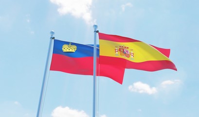 Spain and Liechtenstein, two flags waving against blue sky. 3d image