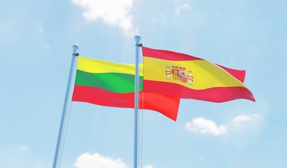 Spain and Lithuania, two flags waving against blue sky. 3d image