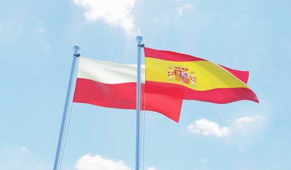 Spain and Poland, two flags waving against blue sky. 3d image