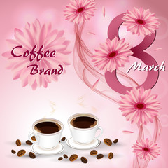 Two coffee mugs on a background of flowers