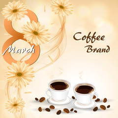 Two coffee mugs on a background of flowers